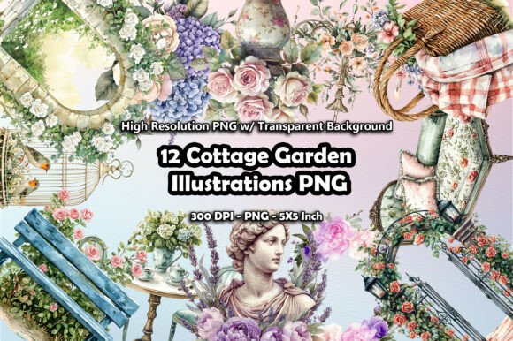 12 Cottage Romantic Garden Illustrations: A Timeless Design Asset