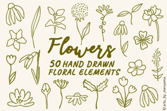 50 Hand Drawn Flowers: Botanical Elements for Spring Designs