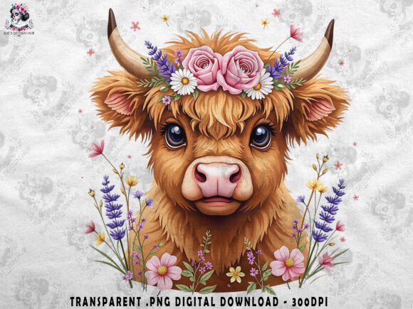 Boho Highland Cow and Pink Flowers: A Whimsical Design Asset
