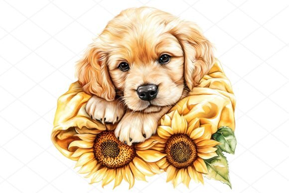 Charming Sunflower Puppy Watercolor Clipart for Your Projects