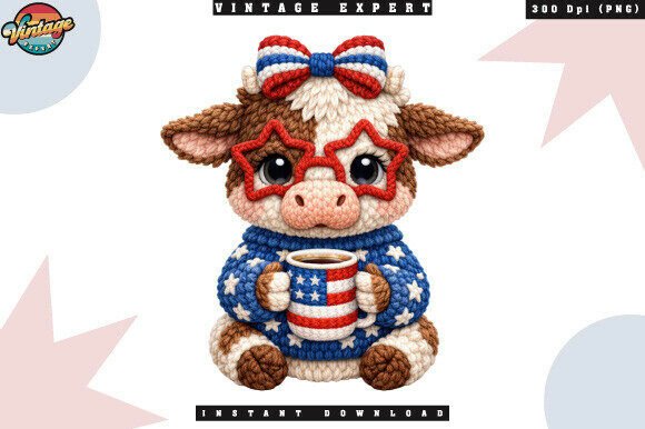Cute Patriotic Cow Crochet Yarn Faux PNG for USA Pride