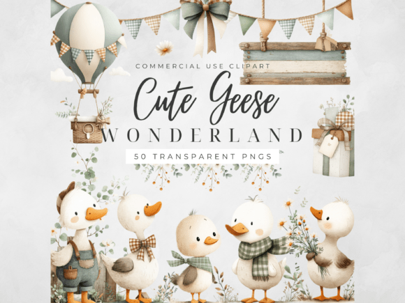 Duck & Goose Clipart Watercolor Farm PNG: Rustic Design Charm