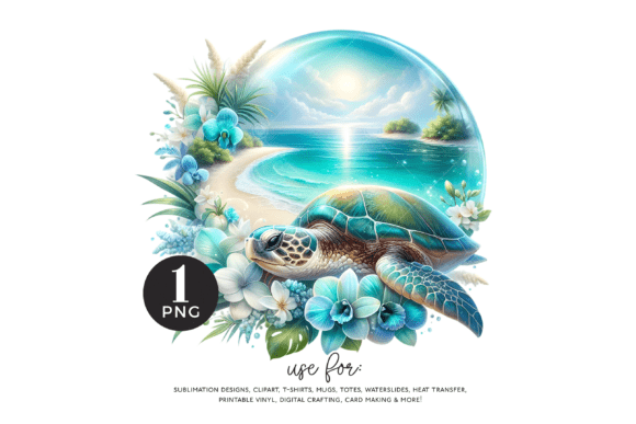 Floral Beach Turtle PNG: A Sea Turtle Design for Coastal Projects