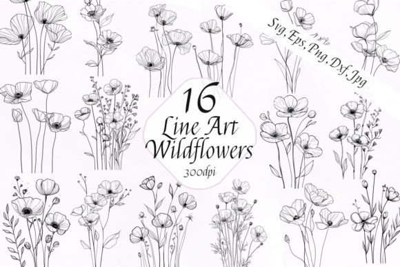 Line Art Wildflowers Sublimation Clipart: Your Go-To Floral Design Asset