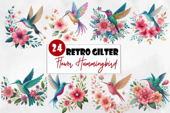 Retro Gilter Flower Hummingbird Clipart: Vibrant Vintage Charm for Modern Designers