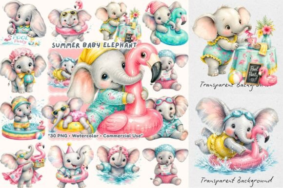Summer Pool Elephant Flamingo Floatie: Vibrant Watercolor Clipart for Your Projects