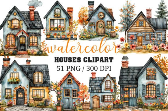 Watercolor Houses Clipart PNG: A Bundle for Cozy Design