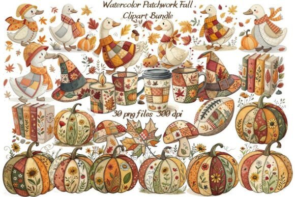 Watercolor Patchwork Fall Clipart Bundle for Cozy Autumn Designs