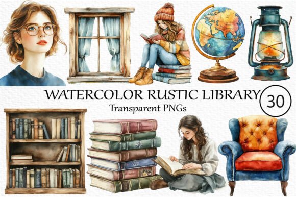 Watercolor Rustic Library Clipart: Vintage Charm for Modern Design